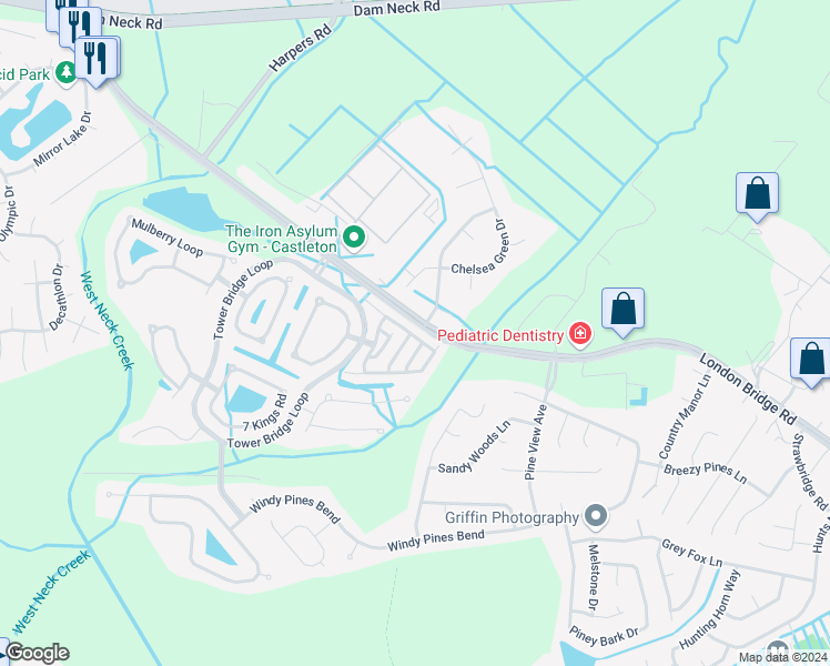 map of restaurants, bars, coffee shops, grocery stores, and more near 1800 Riddlesworth Drive in Virginia Beach