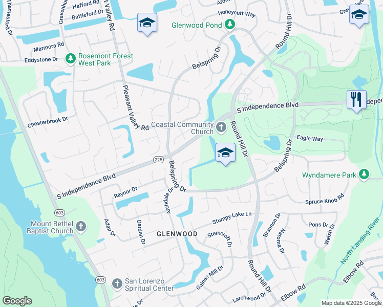 map of restaurants, bars, coffee shops, grocery stores, and more near 1345 Dalsbury Lane in Virginia Beach
