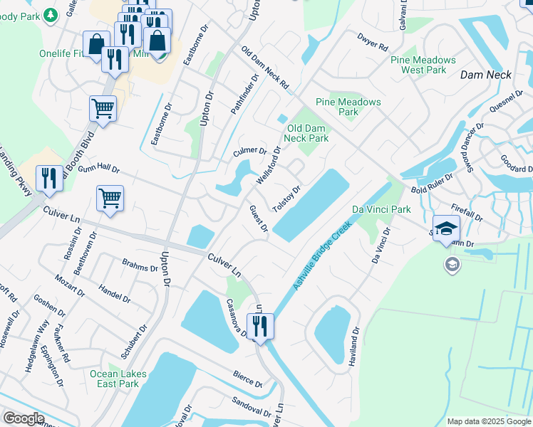 map of restaurants, bars, coffee shops, grocery stores, and more near 1860 Tolstoy Drive in Virginia Beach