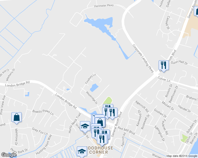 map of restaurants, bars, coffee shops, grocery stores, and more near 1833 Finsbury Lane in Virginia Beach