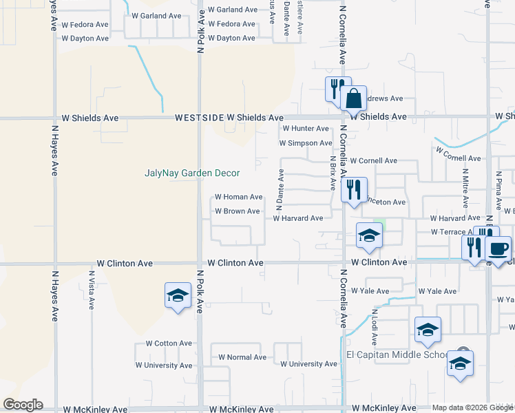 map of restaurants, bars, coffee shops, grocery stores, and more near 5311 West Brown Avenue in Fresno