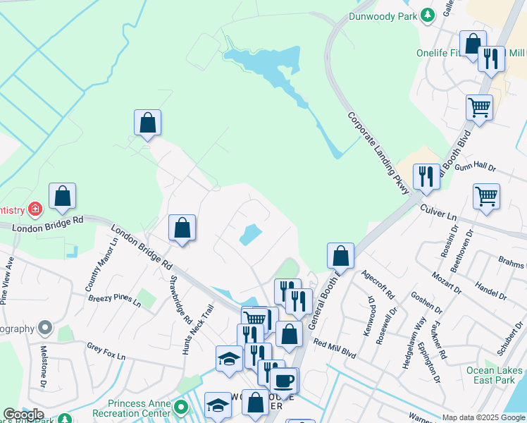 map of restaurants, bars, coffee shops, grocery stores, and more near 1833 Finsbury Lane in Virginia Beach