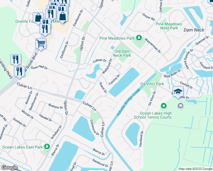 map of restaurants, bars, coffee shops, grocery stores, and more near 1860 Tolstoy Drive in Virginia Beach
