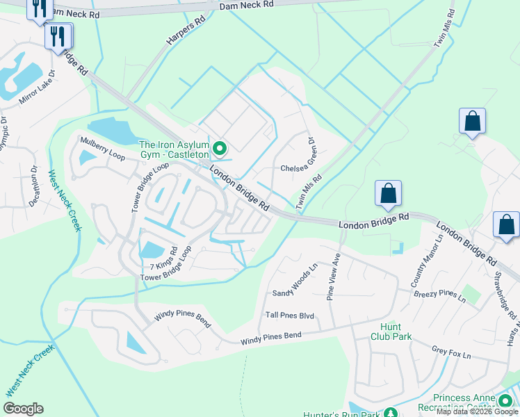 map of restaurants, bars, coffee shops, grocery stores, and more near 1844 Riddlesworth Drive in Virginia Beach