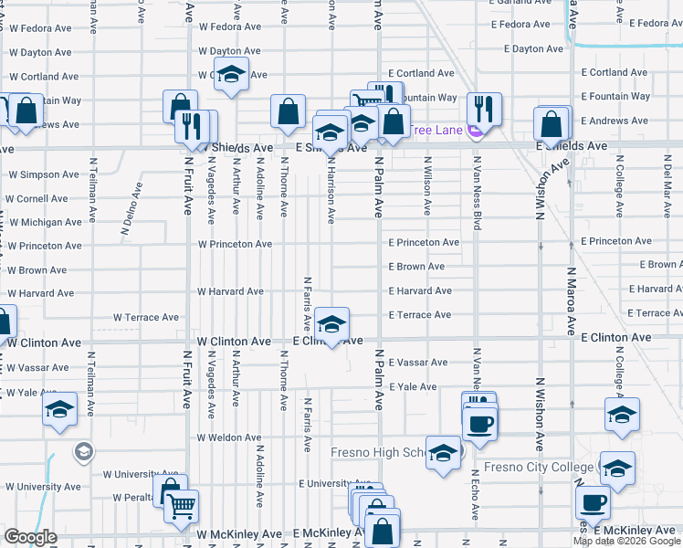 map of restaurants, bars, coffee shops, grocery stores, and more near 2605 North Harrison Avenue in Fresno