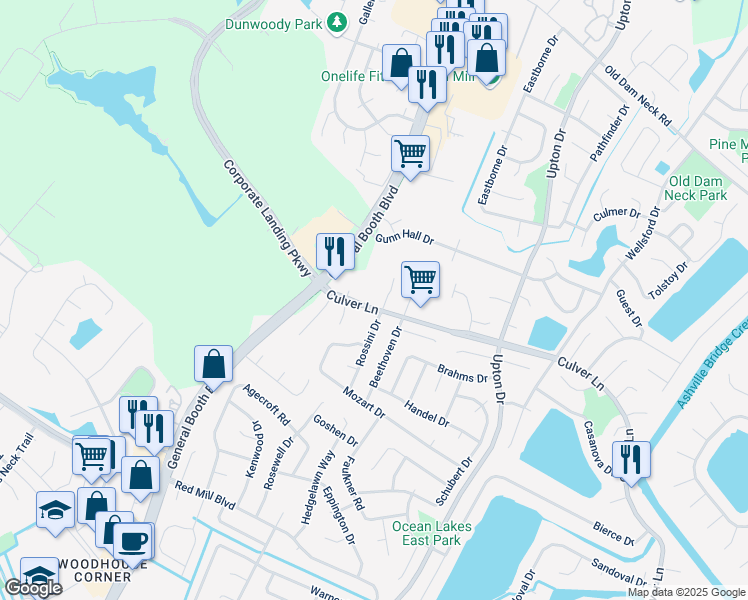 map of restaurants, bars, coffee shops, grocery stores, and more near 1900 Rossini Drive in Virginia Beach