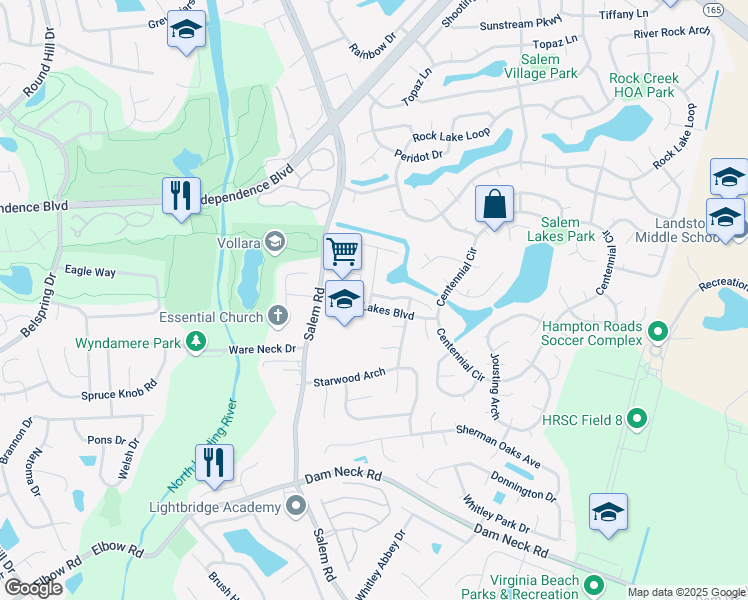 map of restaurants, bars, coffee shops, grocery stores, and more near 1997 Millcreek Drive in Virginia Beach