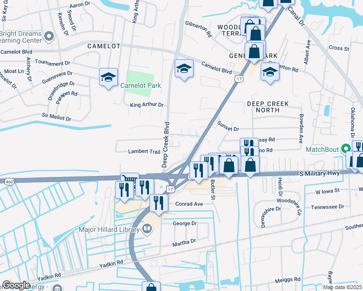 map of restaurants, bars, coffee shops, grocery stores, and more near 920 George Washington Highway North in Chesapeake