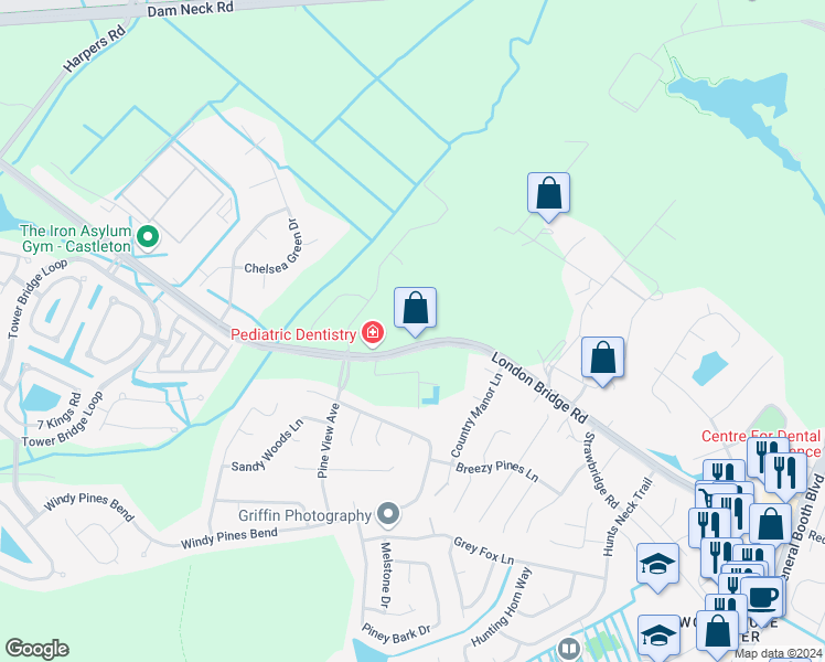 map of restaurants, bars, coffee shops, grocery stores, and more near 2280 London Bridge Road in Virginia Beach