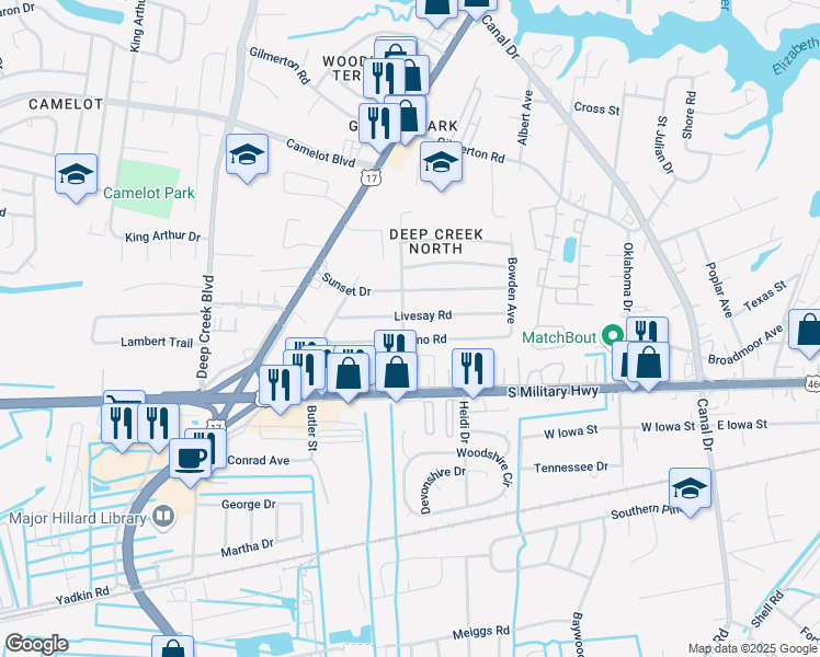 map of restaurants, bars, coffee shops, grocery stores, and more near 919 Baugher Avenue in Chesapeake