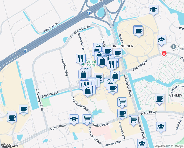 map of restaurants, bars, coffee shops, grocery stores, and more near 1407 Stephanie Way in Chesapeake