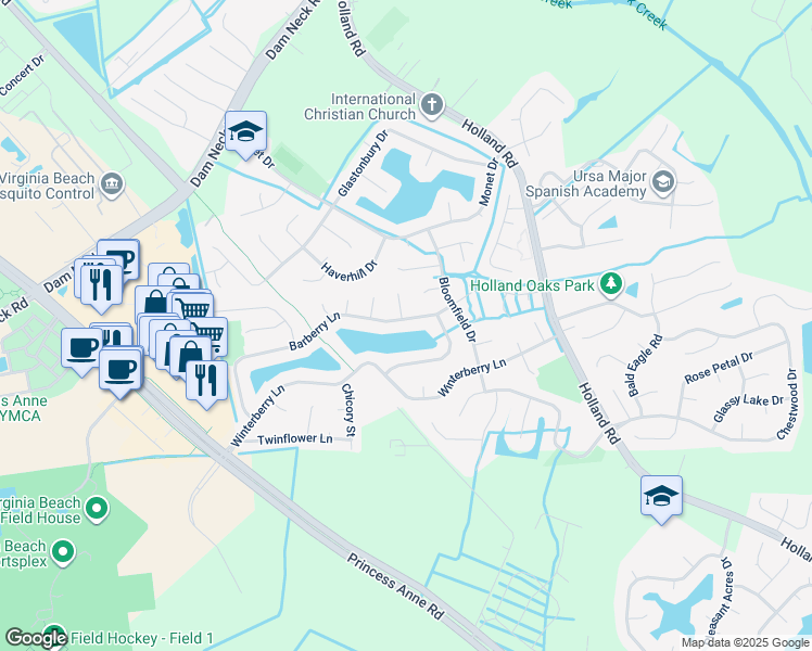 map of restaurants, bars, coffee shops, grocery stores, and more near 3101 Barberry Lane in Virginia Beach