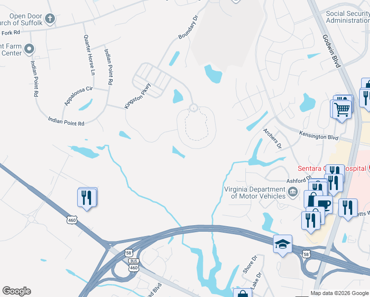 map of restaurants, bars, coffee shops, grocery stores, and more near 5048 Kings Grant Circle in Suffolk