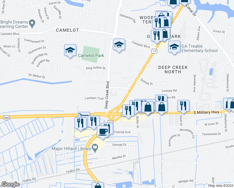 map of restaurants, bars, coffee shops, grocery stores, and more near 905 Deep Branch Way in Chesapeake