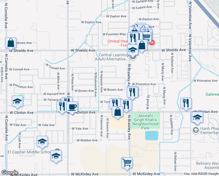 map of restaurants, bars, coffee shops, grocery stores, and more near 4128 West Brown Avenue in Fresno
