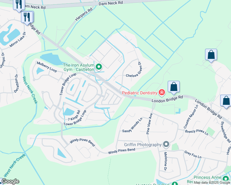 map of restaurants, bars, coffee shops, grocery stores, and more near 2536 Covent Garden Road in Virginia Beach