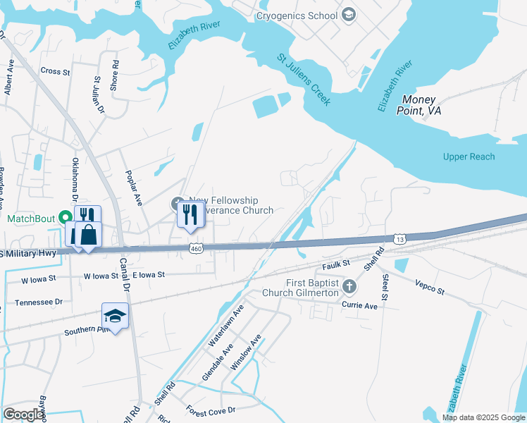 map of restaurants, bars, coffee shops, grocery stores, and more near 921 Willis Street in Chesapeake