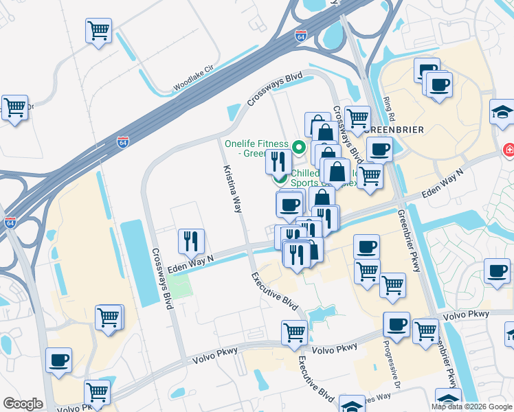 map of restaurants, bars, coffee shops, grocery stores, and more near 1421 Kristina Way in Chesapeake