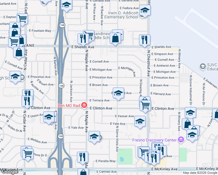 map of restaurants, bars, coffee shops, grocery stores, and more near 4678 East Harvard Avenue in Fresno