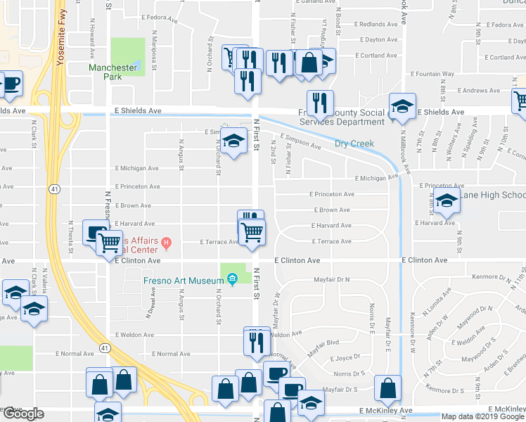 map of restaurants, bars, coffee shops, grocery stores, and more near 2544 North First Street in Fresno