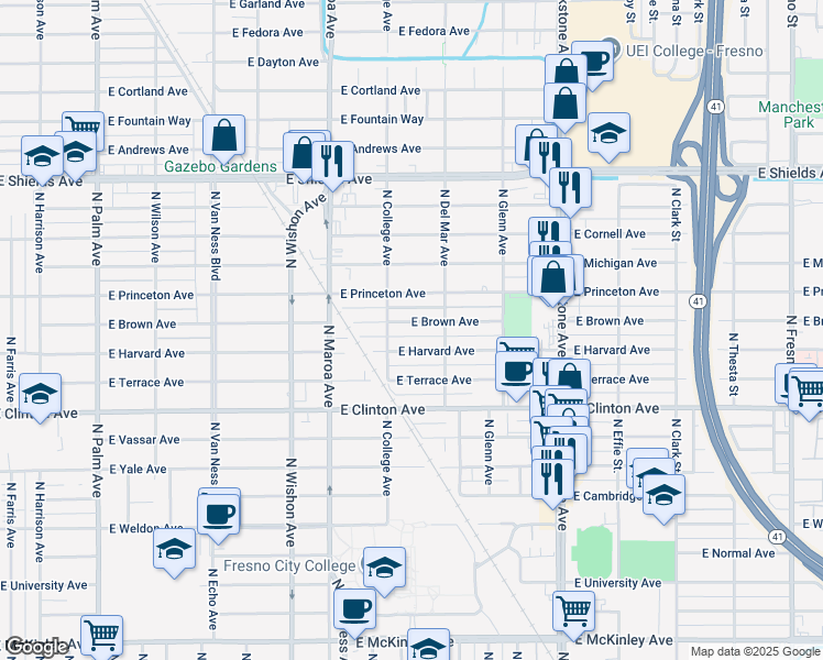 map of restaurants, bars, coffee shops, grocery stores, and more near 1214 East Harvard Avenue in Fresno