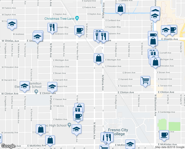 map of restaurants, bars, coffee shops, grocery stores, and more near 715 East Harvard Avenue in Fresno