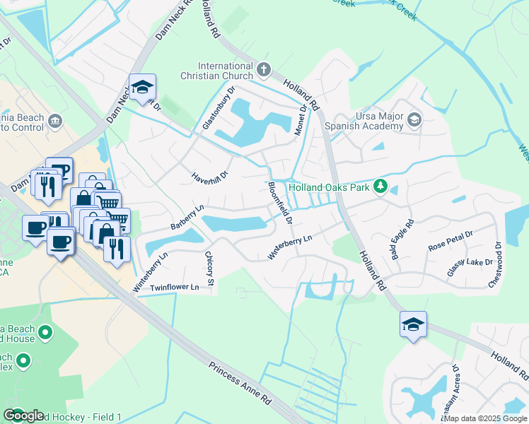 map of restaurants, bars, coffee shops, grocery stores, and more near 3160 Crestwood Lane in Virginia Beach