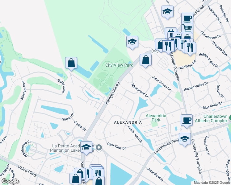 map of restaurants, bars, coffee shops, grocery stores, and more near 2140 Manassas Run in Virginia Beach