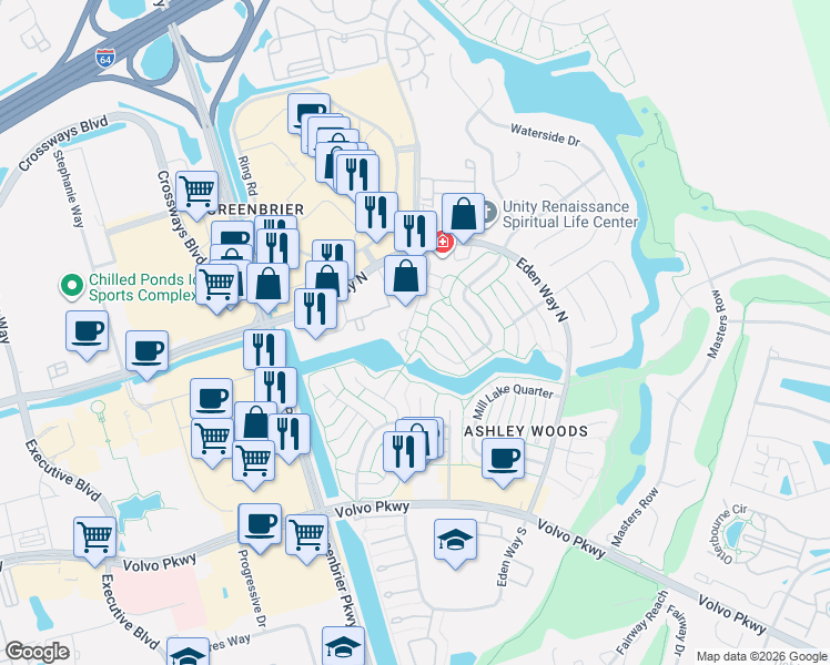 map of restaurants, bars, coffee shops, grocery stores, and more near 1303 Cypress Place in Chesapeake