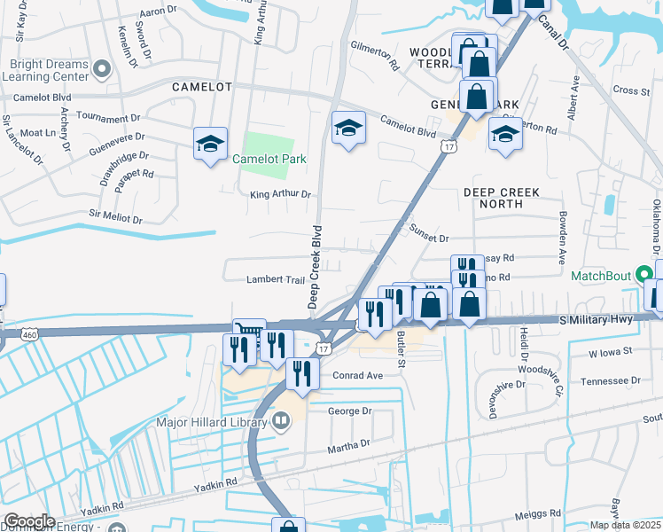 map of restaurants, bars, coffee shops, grocery stores, and more near 920 George Washington Highway North in Chesapeake