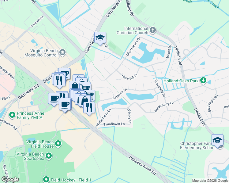 map of restaurants, bars, coffee shops, grocery stores, and more near 3228 Barberry Lane in Virginia Beach