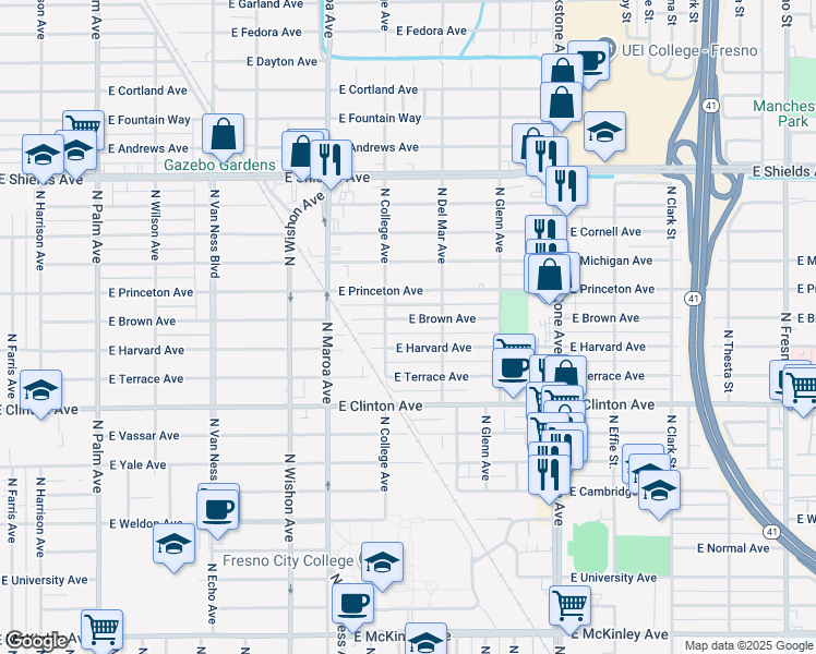 map of restaurants, bars, coffee shops, grocery stores, and more near 1214 East Harvard Avenue in Fresno