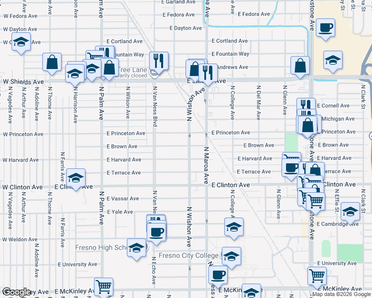 map of restaurants, bars, coffee shops, grocery stores, and more near 715 East Harvard Avenue in Fresno
