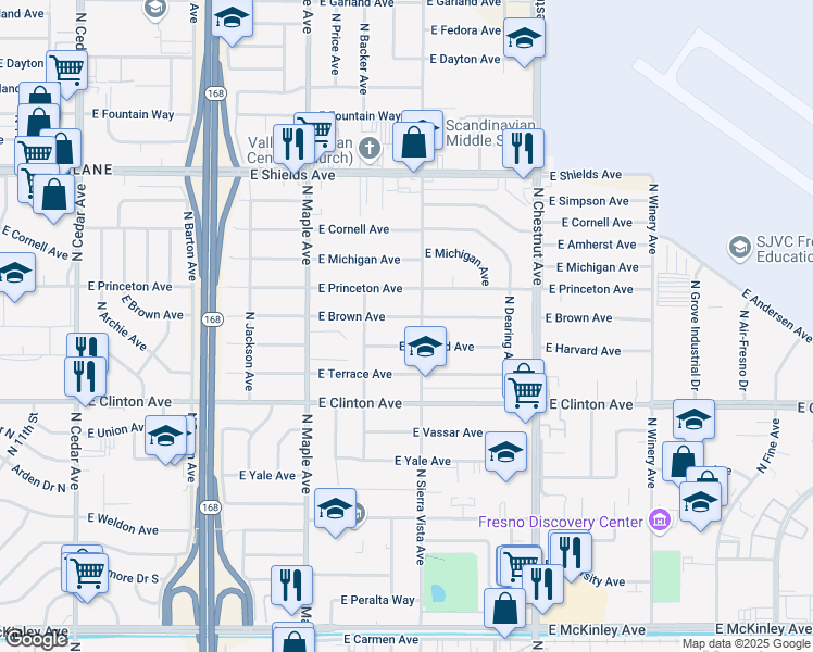 map of restaurants, bars, coffee shops, grocery stores, and more near 4678 East Harvard Avenue in Fresno