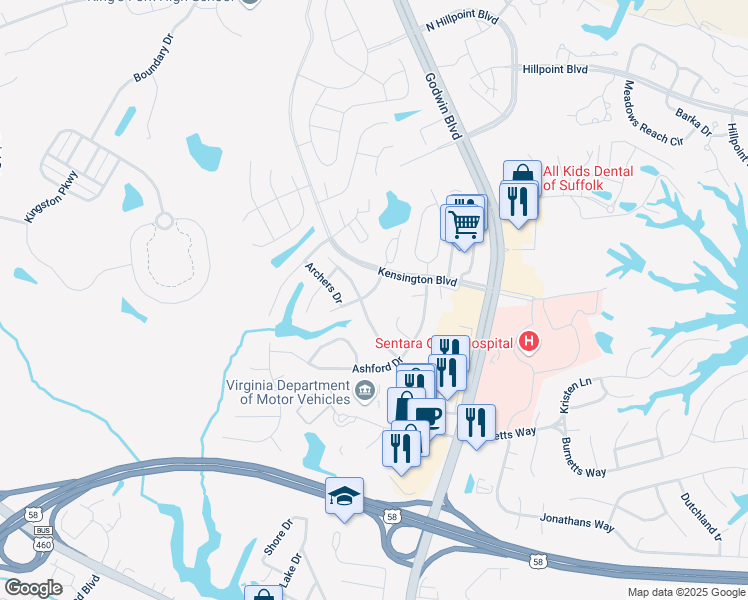 map of restaurants, bars, coffee shops, grocery stores, and more near 114 Foxworth Circle in Suffolk