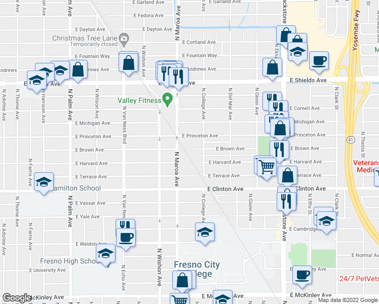 map of restaurants, bars, coffee shops, grocery stores, and more near 1004 East Brown Avenue in Fresno