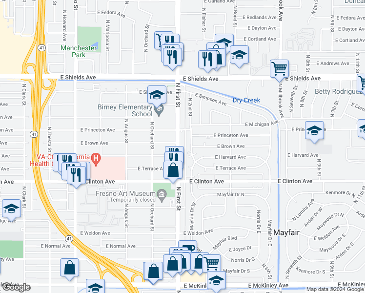map of restaurants, bars, coffee shops, grocery stores, and more near 2636 North First Street in Fresno
