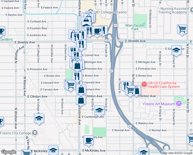 map of restaurants, bars, coffee shops, grocery stores, and more near 2014 East Princeton Avenue in Fresno
