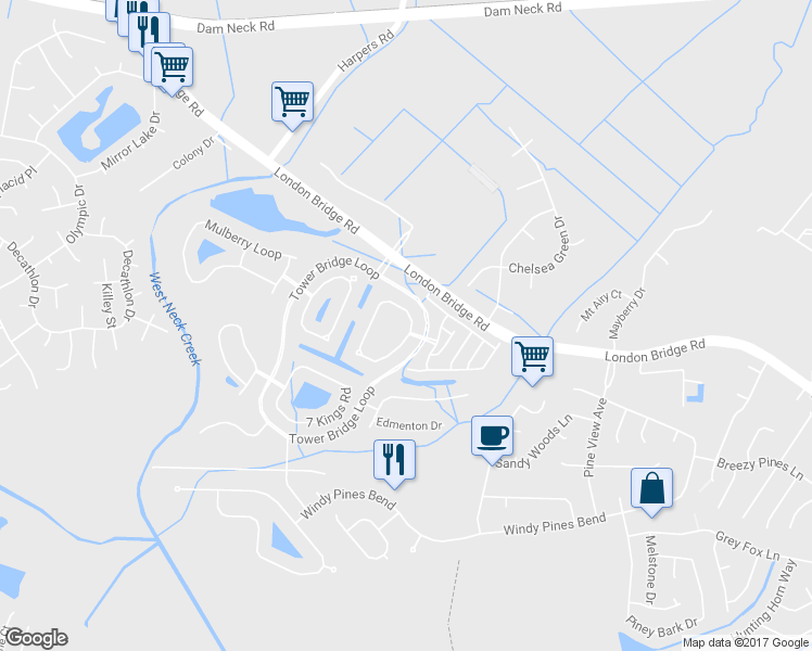 map of restaurants, bars, coffee shops, grocery stores, and more near 1952 Somersby Lane in Virginia Beach