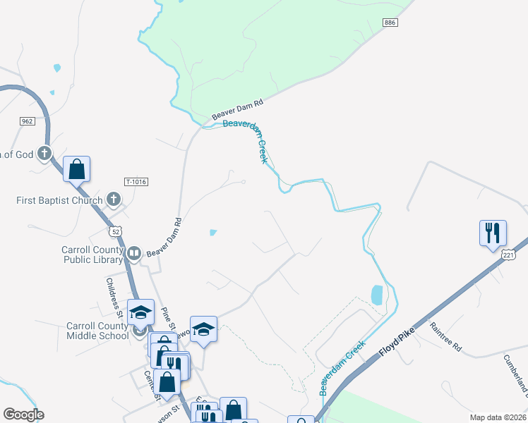 map of restaurants, bars, coffee shops, grocery stores, and more near 1299 Lynn Street in Hillsville