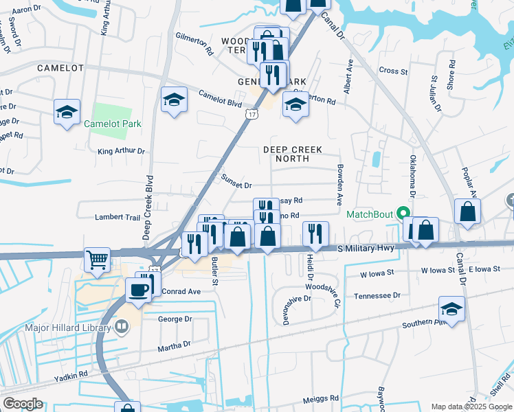 map of restaurants, bars, coffee shops, grocery stores, and more near 2505 Livesay Road in Chesapeake