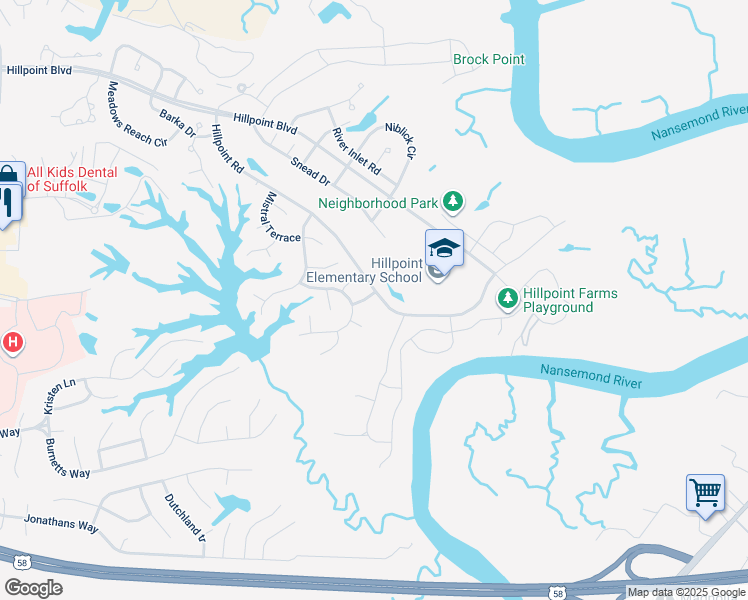 map of restaurants, bars, coffee shops, grocery stores, and more near 101 Bogie Drive in Suffolk