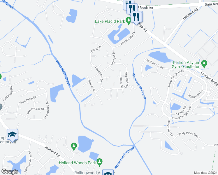 map of restaurants, bars, coffee shops, grocery stores, and more near 2021 Decathlon Drive in Virginia Beach