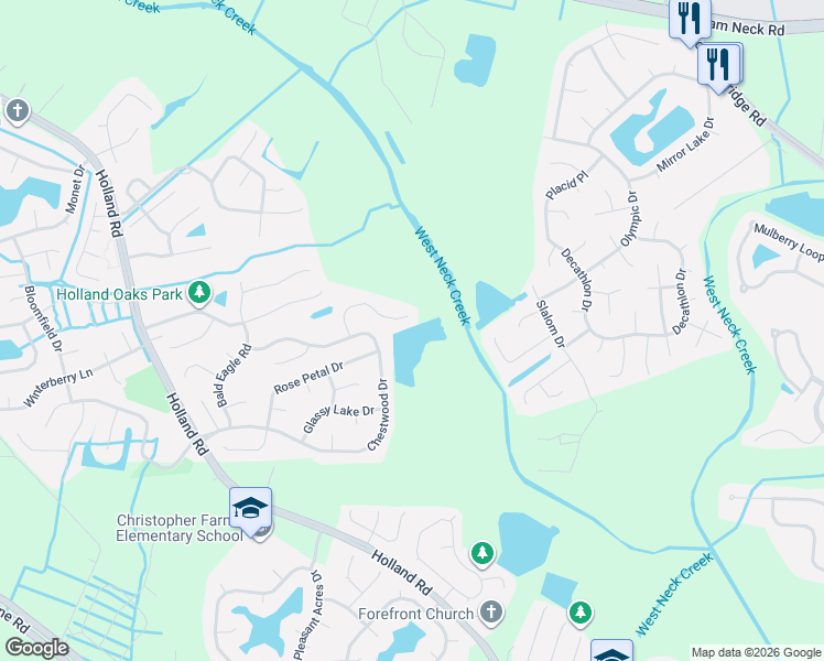 map of restaurants, bars, coffee shops, grocery stores, and more near 2904 Chestwood Bend in Virginia Beach