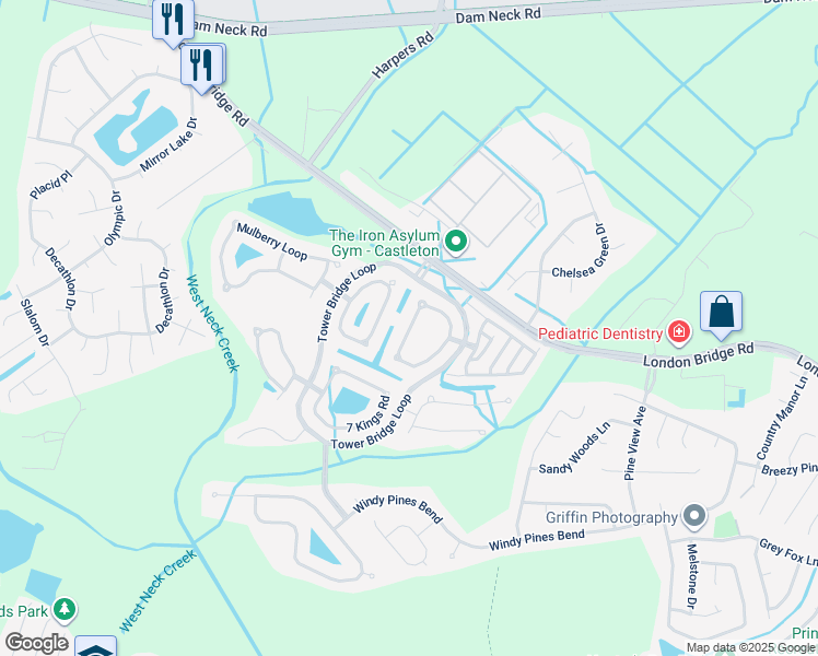 map of restaurants, bars, coffee shops, grocery stores, and more near Somersby Lane in Virginia Beach