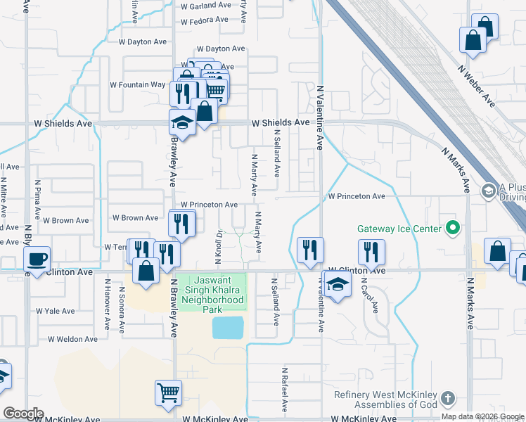 map of restaurants, bars, coffee shops, grocery stores, and more near 3590 West Princeton Avenue in Fresno