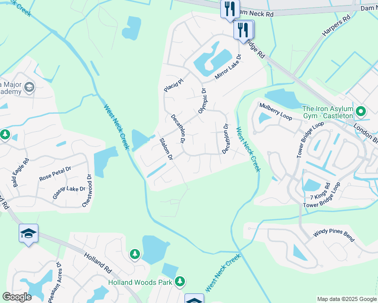map of restaurants, bars, coffee shops, grocery stores, and more near 2029 Decathlon Drive in Virginia Beach