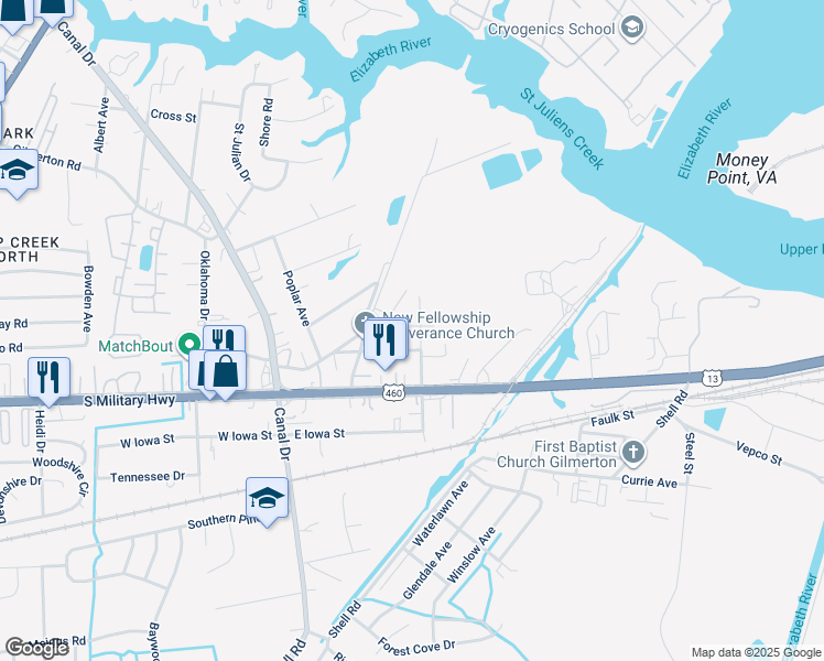 map of restaurants, bars, coffee shops, grocery stores, and more near 928 State Street in Chesapeake