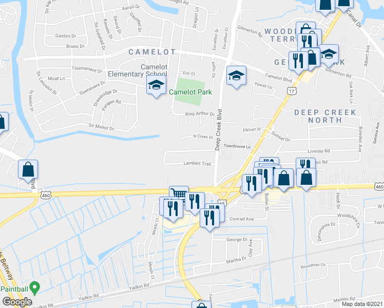 map of restaurants, bars, coffee shops, grocery stores, and more near 2851 Lambert Trail in Chesapeake