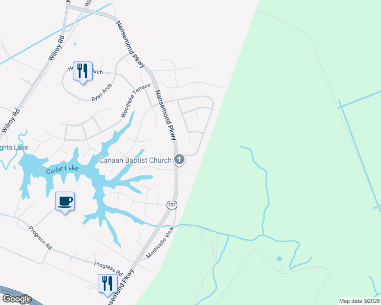 map of restaurants, bars, coffee shops, grocery stores, and more near 2417 Cherry Blossom Drive in Suffolk